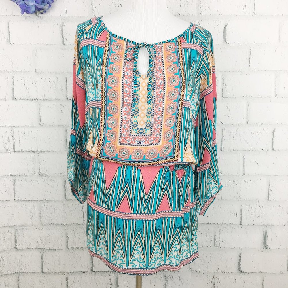 Tolani Silk 3/4 Sleeve Ruched Waist Tunic Top